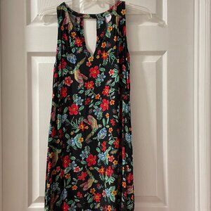 Tropical flowers and birds dress Old Navy - hibiscus and parrots